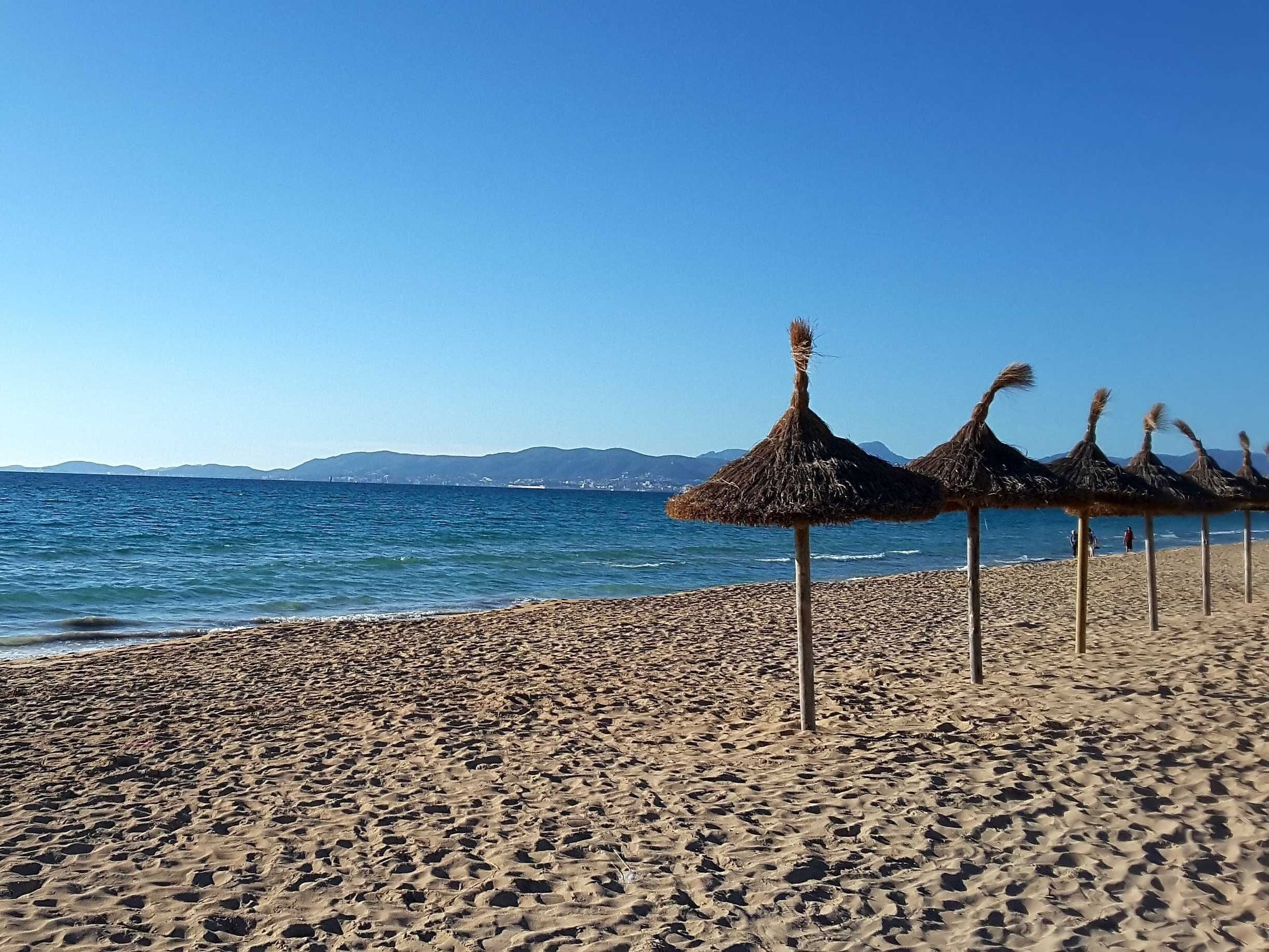 Ein Strand mit Reetdachschirmen und freiem Blick auf das Meer und ferne Berge.