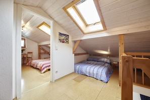 A cozy attic bedroom with two beds, a skylight, and a wooden ceiling.