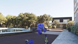 Un patio con piscina, rodeado de árboles y edificios modernos.