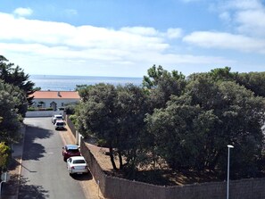 A coastal road with parked cars, a building with a red roof, and dense trees.