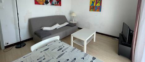 Una habitación con un sofá gris, una mesita blanca, una cama con edredón estampado, un televisor y dos obras de arte en la pared.