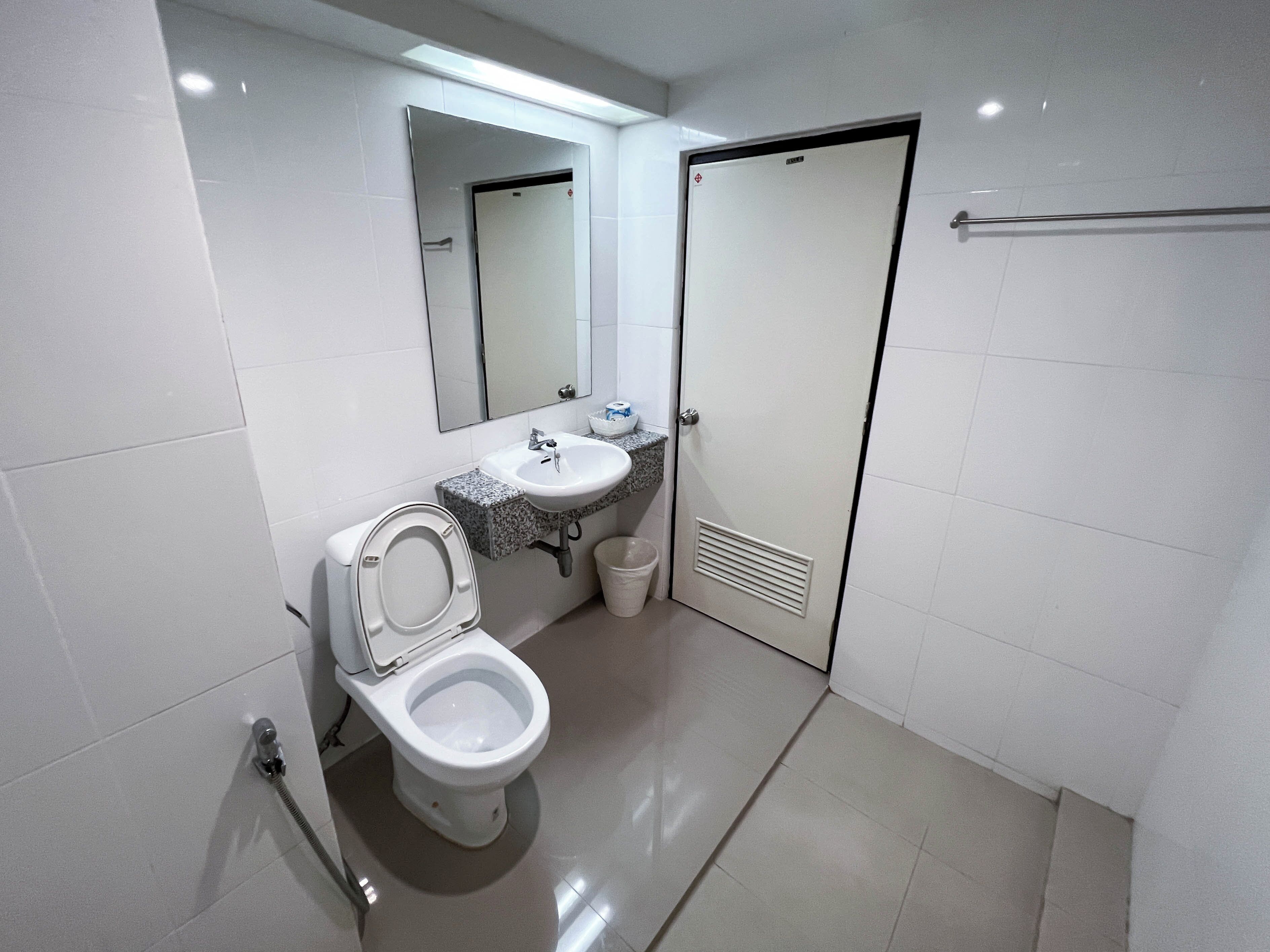A modern bathroom with a toilet, sink, and mirror.