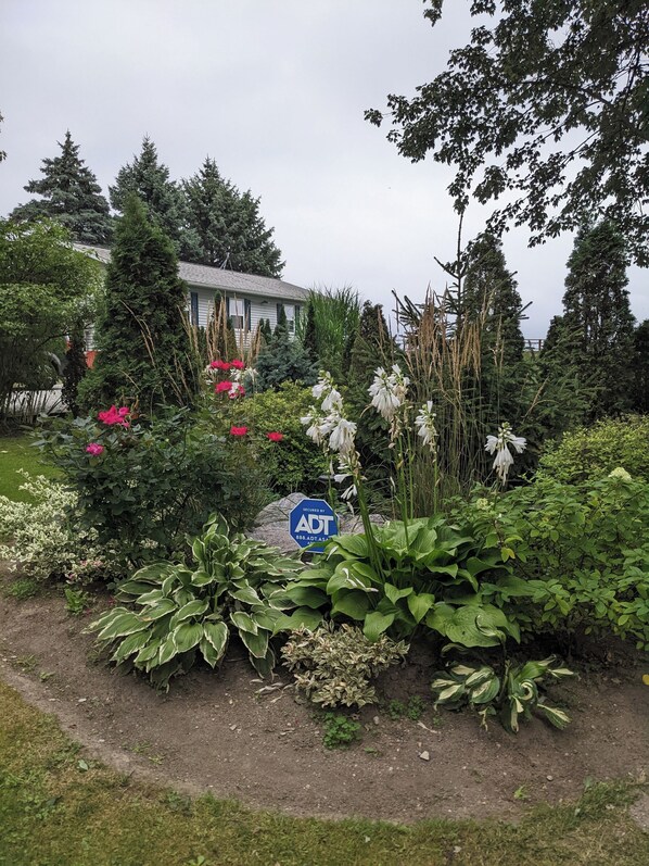 A garden with various plants and a blue sign. - Stunning Lake Erie Water Views from Every Window with Expansive Patio Deck
(Leamington)