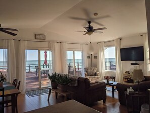 Smart TV, fireplace, DVD player, books