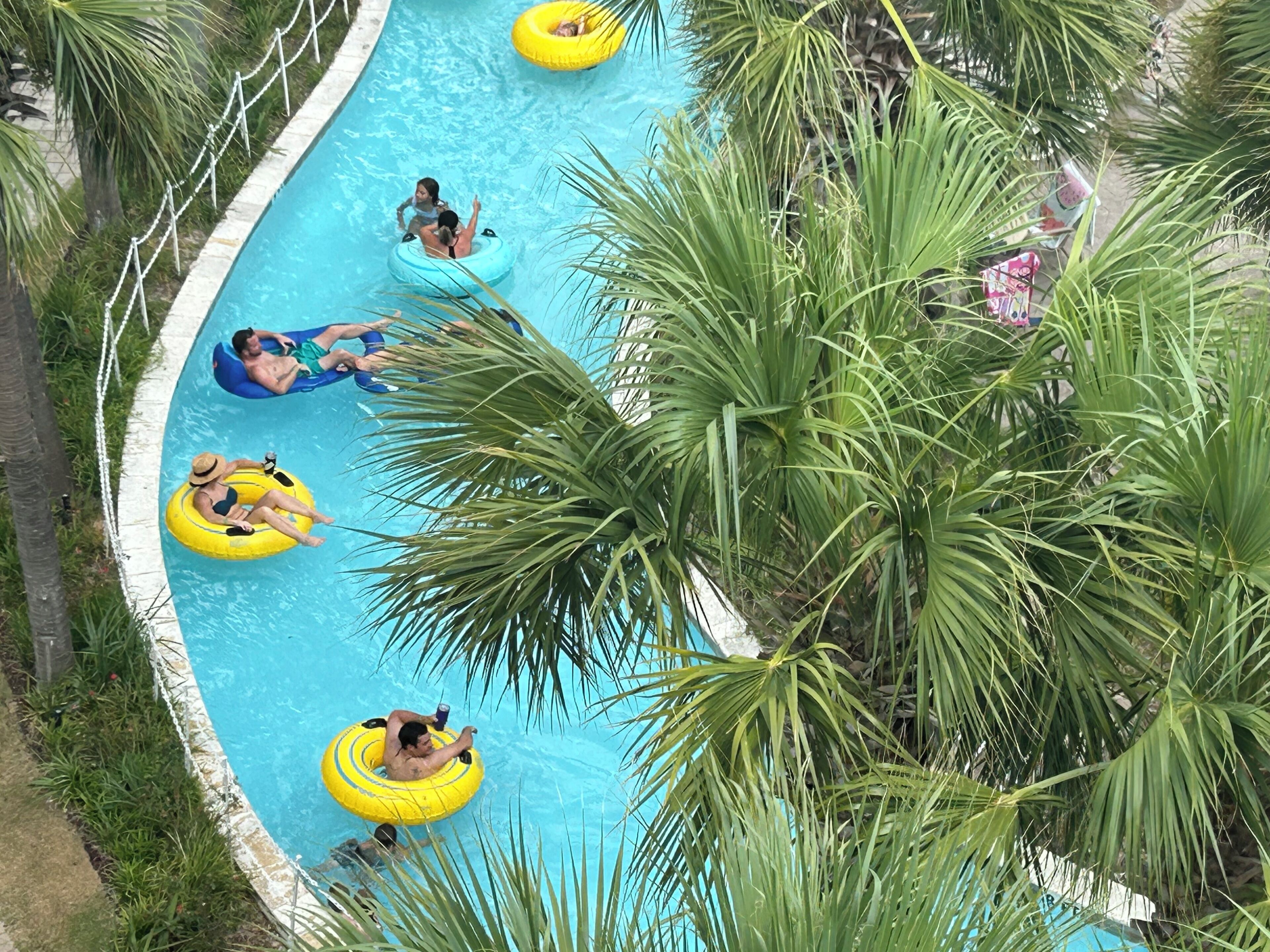 Piscina con gente en flotadores, rodeada de palmeras.