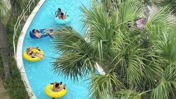 Piscina con gente en flotadores, rodeada de palmeras.