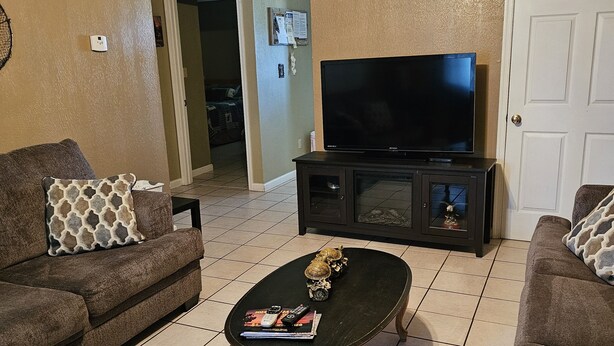 A living room with a TV, two sofas, a coffee table, and a ceiling fan.