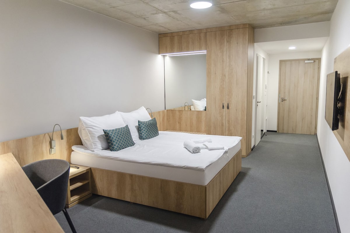 Une chambre d’hôtel moderne avec un lit en bois, une table de chevet, une chaise, un grand miroir et un téléviseur fixé au mur.