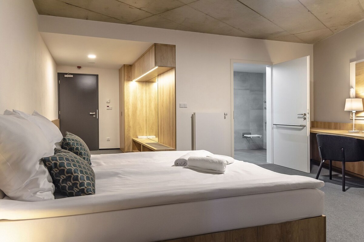 A hotel room with a bed, a desk, a chair, a wardrobe, and a shower area.
