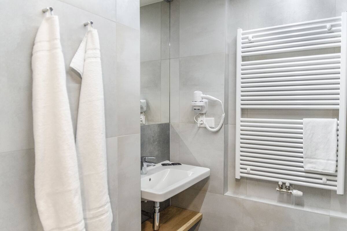 shower, free toiletries, hair dryer, towels