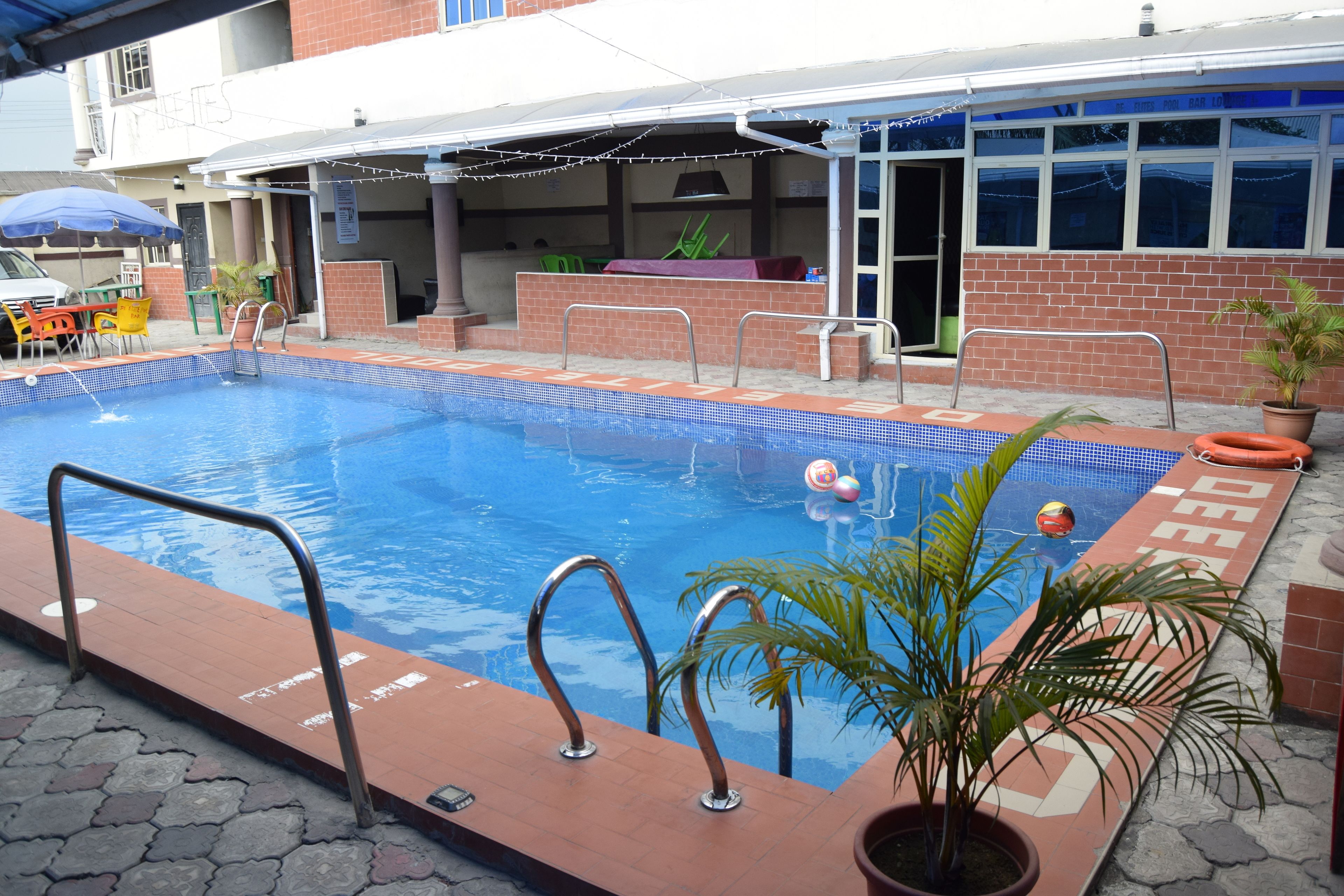 An outdoor swimming pool with a brick border, metal pool ladder, and a palm tree.