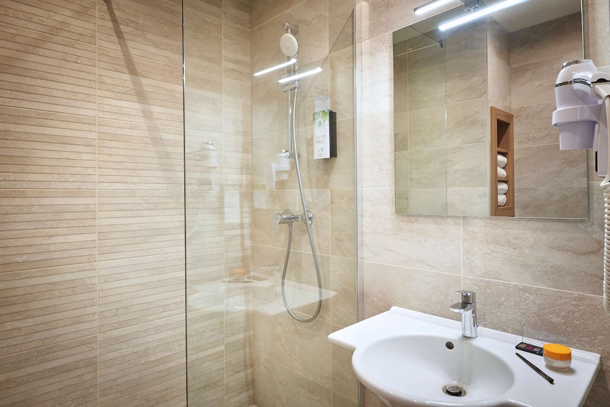 shower, eco-friendly toiletries, hair dryer, towels