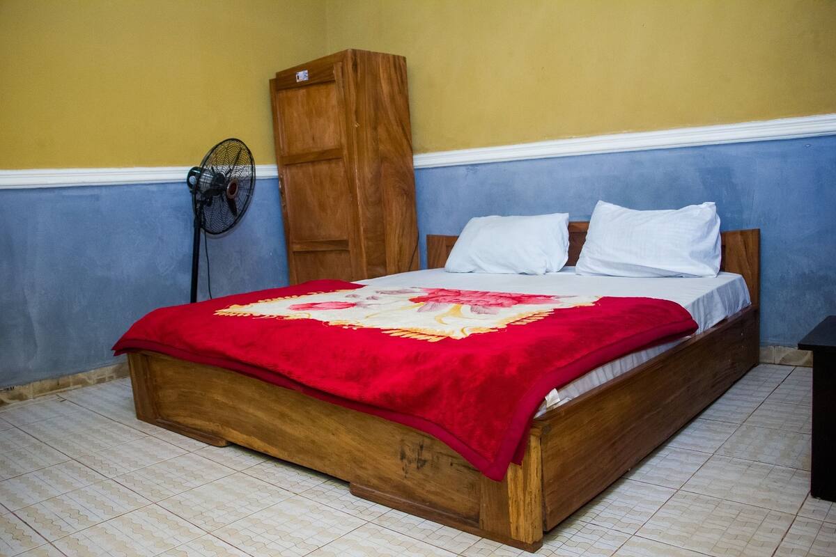 A single bed with a red blanket and white pillows in a room with yellow and blue walls.