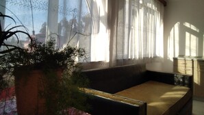 A room with a sofa, a window with sheer curtains, and a potted plant. - White Guest House (Batumi)