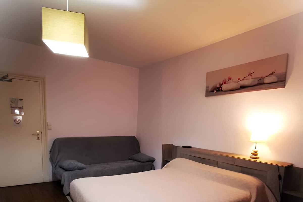 A bedroom with a bed, a bedside table with a lamp, a grey sofa, and a painting on the wall.