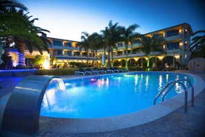 Outdoor pool, pool umbrellas, pool loungers