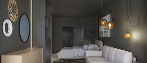 Ein modernes Schlafzimmer mit Bett, Sofa, Kommode und Spiegel.