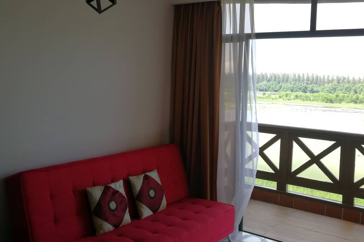 A red sofa with decorative pillows, a ceiling light fixture, and a view of a green landscape through a window with curtains.