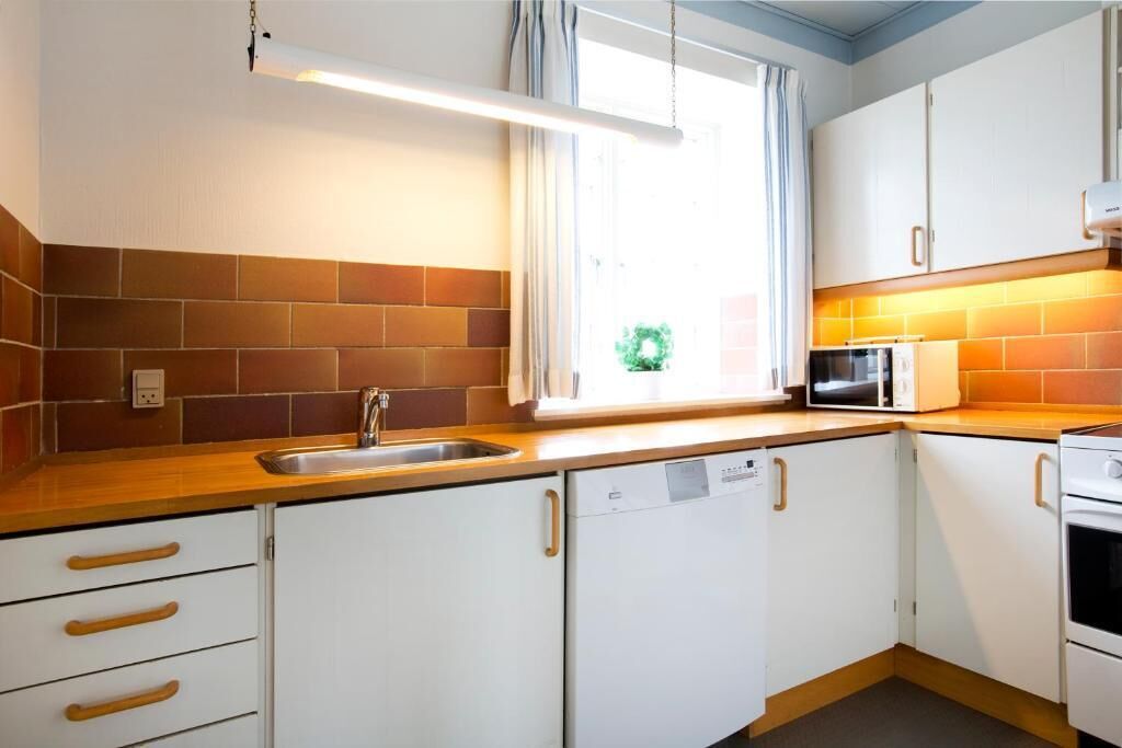Una cocina compacta con armarios blancos, un lavamanos de acero inoxidable, un microondas y un lavavajillas.
