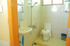 Shower, free toiletries, hair dryer, slippers