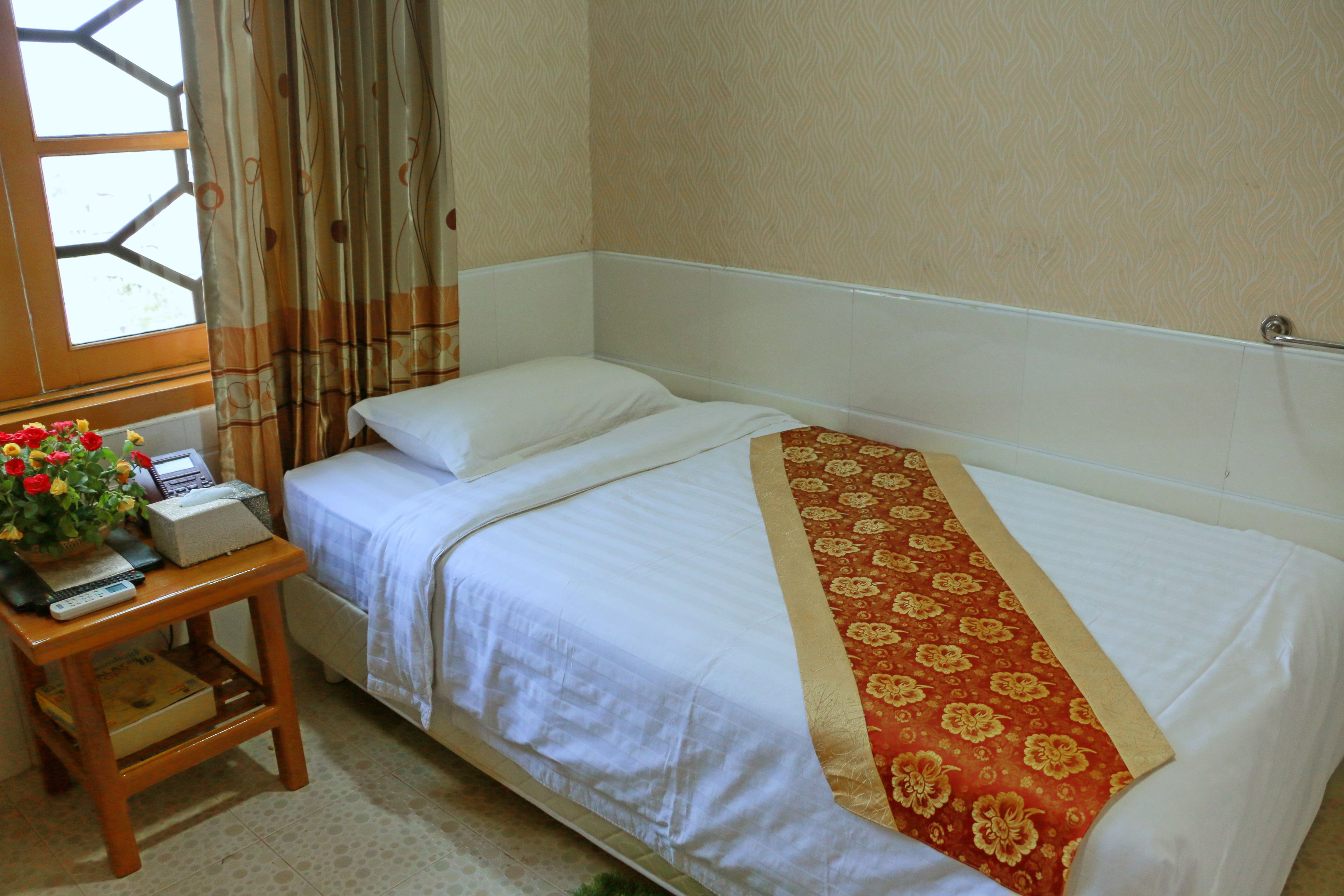 A hotel room with a single bed, a bedside table with a telephone, a lamp, and a small plant.