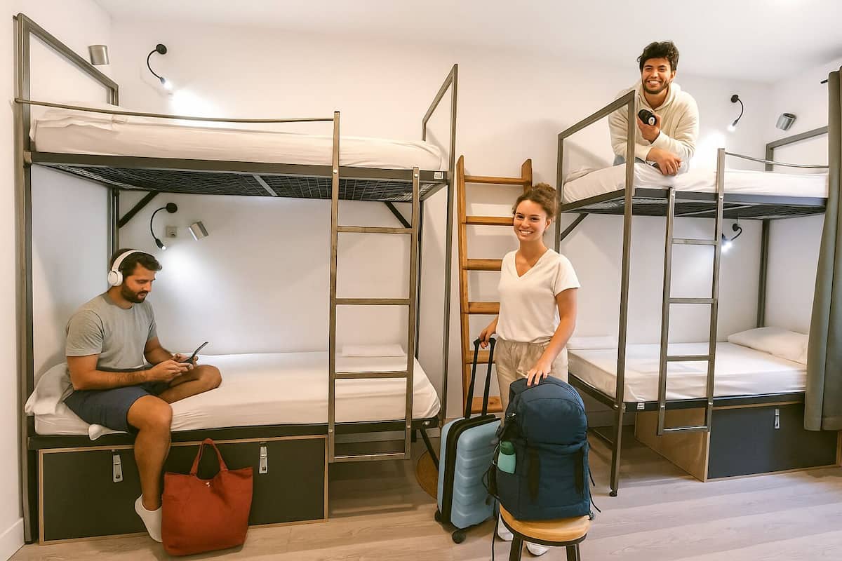 Ett studentrum med våningssängar, ett skrivbord och en stol.