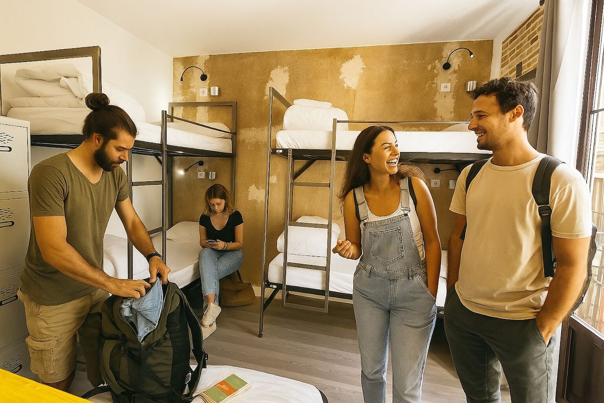 Ett studentrum med våningssängar, ett skrivbord och ett fönster.
