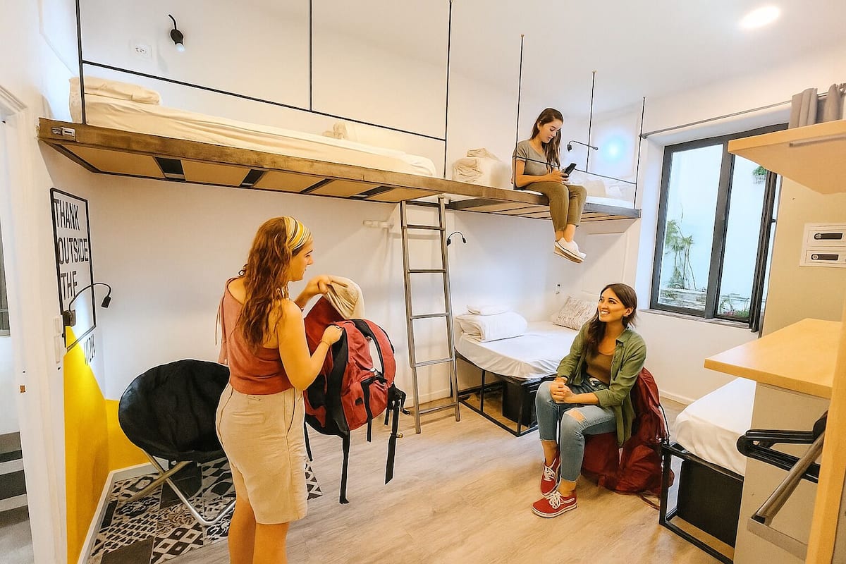 Ett studentrum med våningssängar, ett skrivbord och en stol.