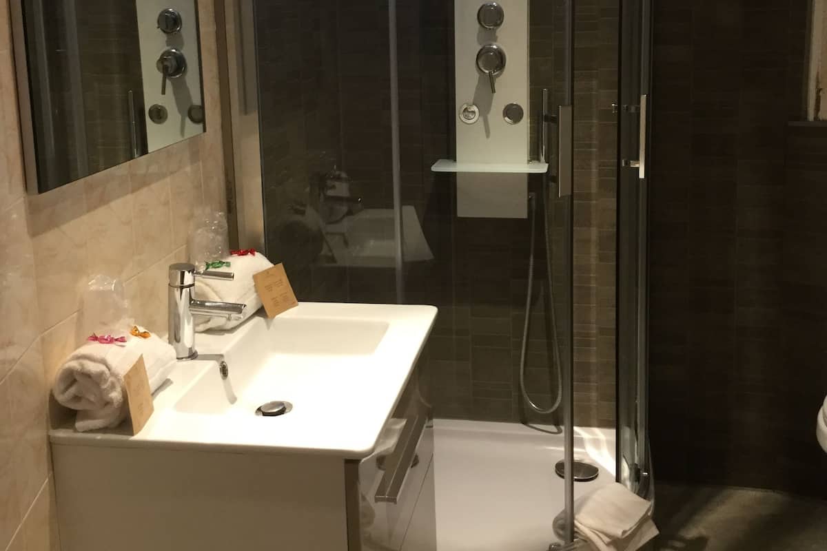 Un baño moderno con ducha envuelta en vidrio, un lavamanos blanco y un espejo.