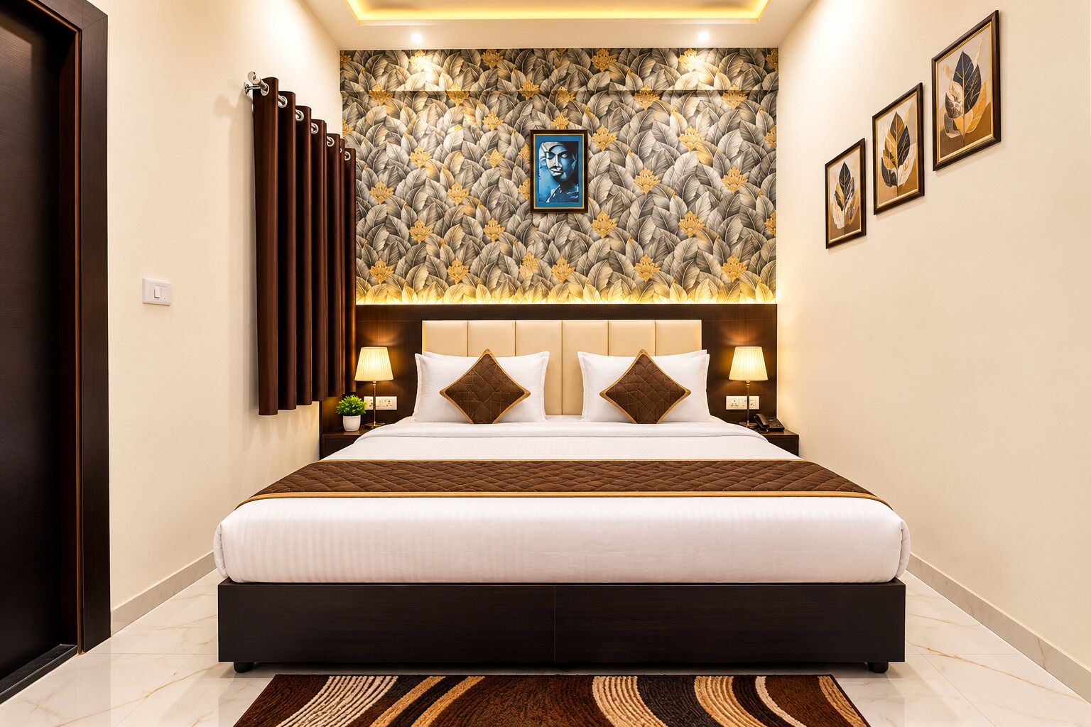 Quarto de hotel com uma cama grande, cabeceira com padrão de folha, mesa de cabeceira com abajur e parede com obras de arte emolduradas.