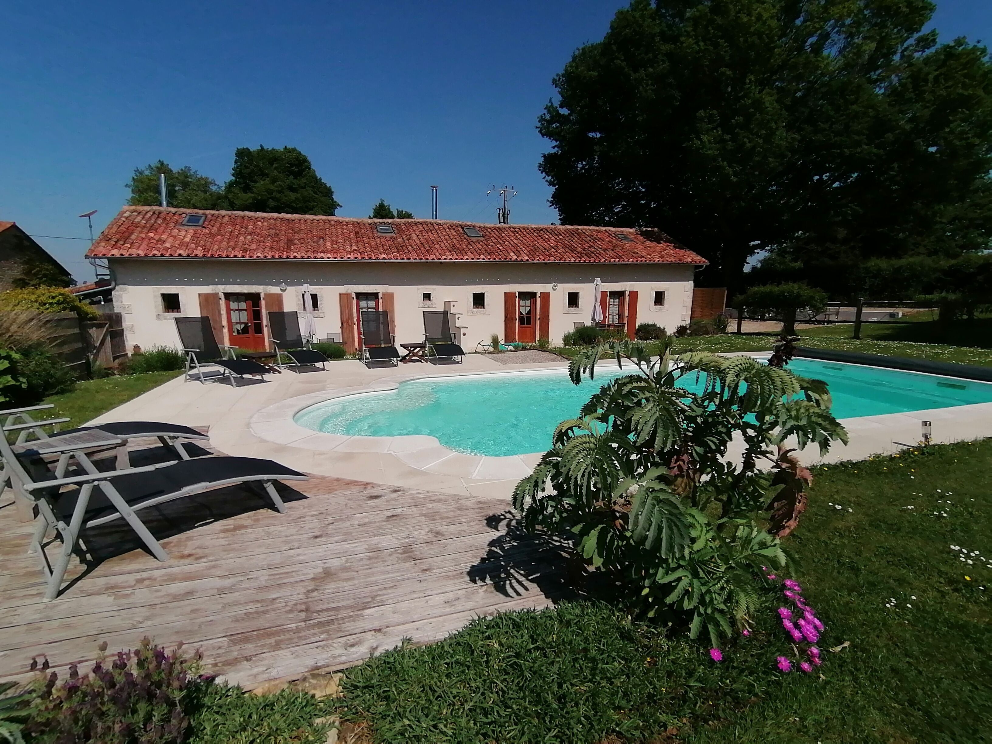 Ett hus med en swimmingpool, en träterrass och en trädgård med växter och blommor.