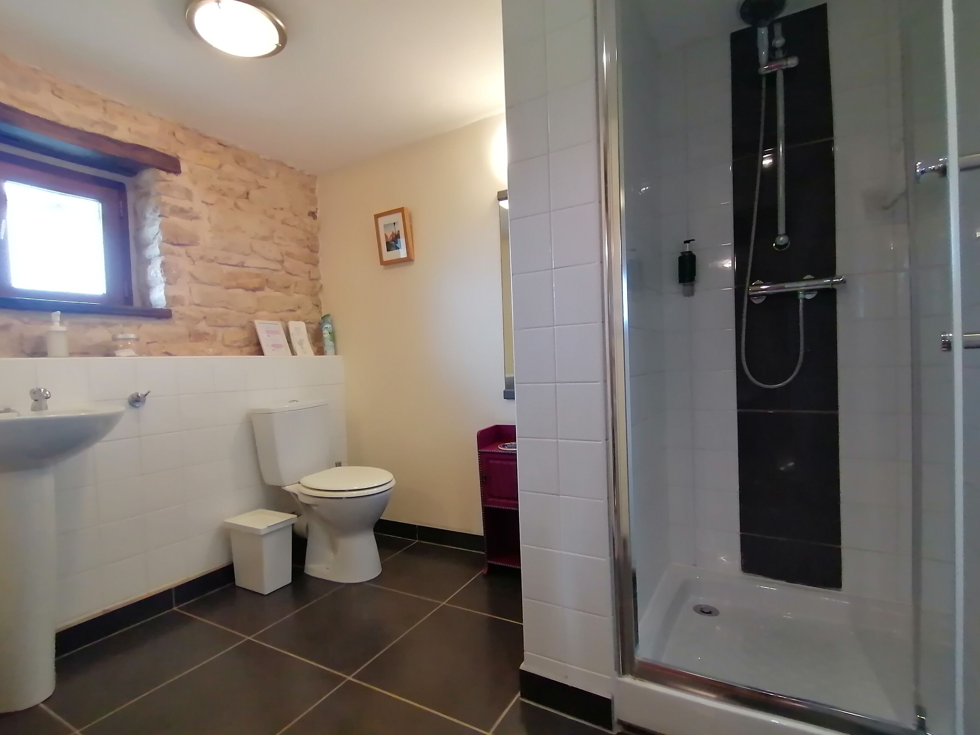 A bathroom with a stone wall, a white sink, a toilet, and a glass-enclosed shower.