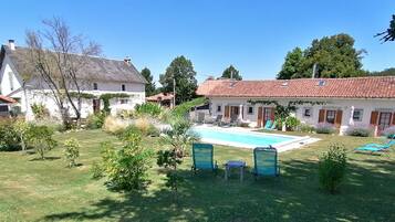 A residential property with a swimming pool, a lawn, and a garden.