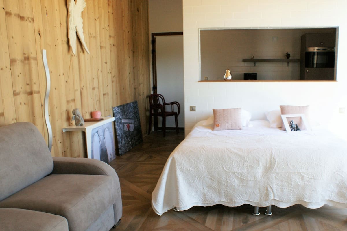 A bedroom with a bed, a sofa, a wooden wall, a mirror, and a kitchen area.