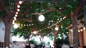 Un espace de restauration en plein air avec des tables disposées sous des arbres, des guirlandes lumineuses et un mur de briques rustiques en arrière-plan.