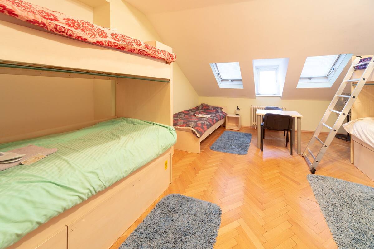 A dorm-style room with bunk beds, a desk, and a ladder. There are skylights on the ceiling.