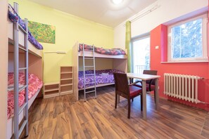 A dormitory room with bunk beds, a desk, and a chair. - Ana Hostel (Ljubljana)