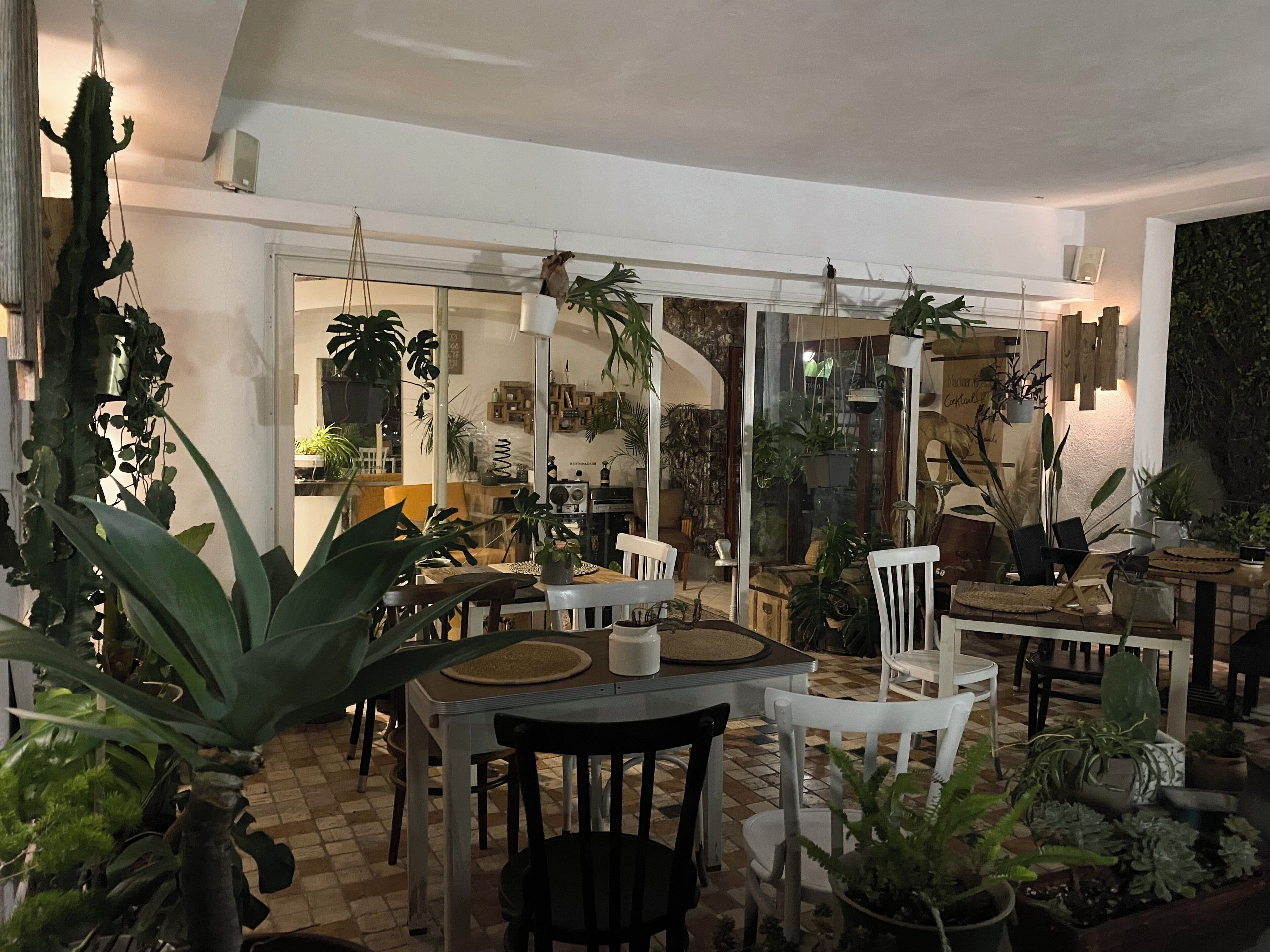 A room with a checkered floor, white walls, and various potted plants. There are multiple tables and chairs arranged for dining or seating.
