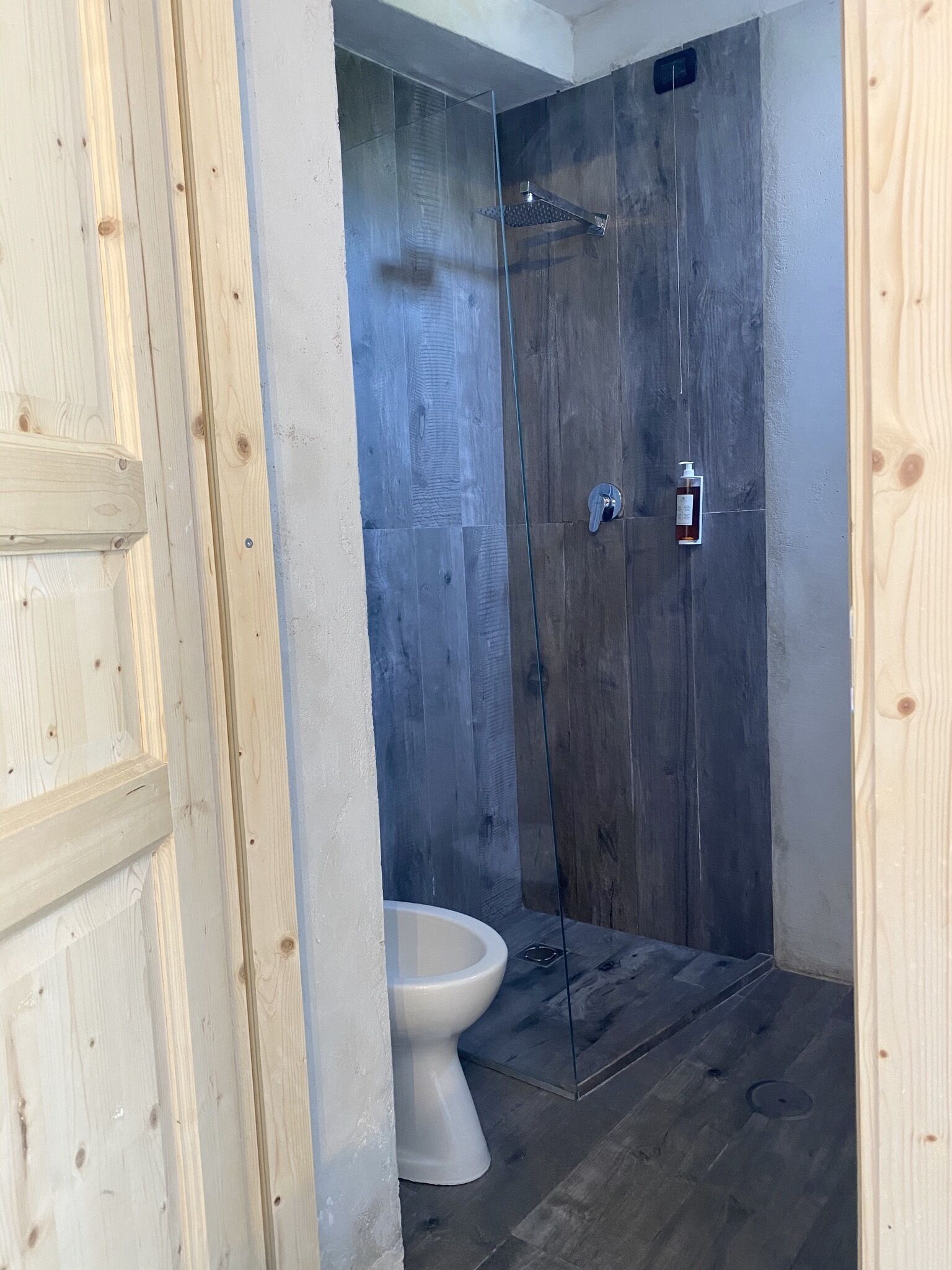 A bathroom with a shower, toilet, and a wooden floor.