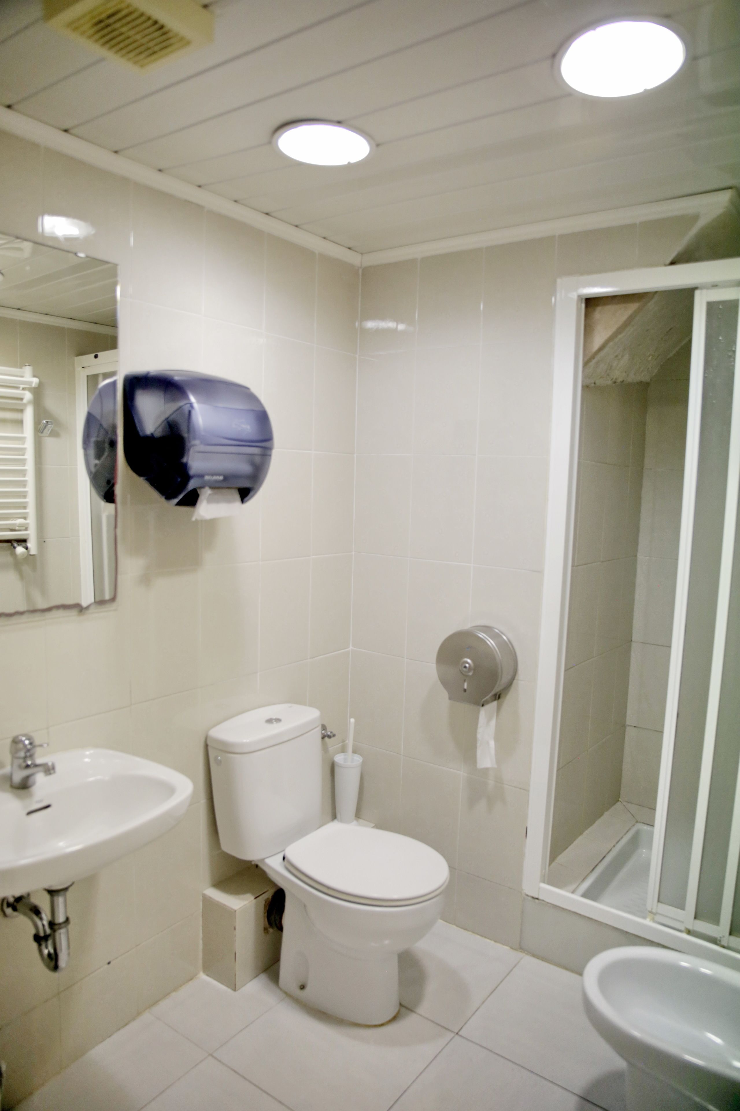 Une salle de bain équipée de toilettes, d’un lavabo et d’un bidet.