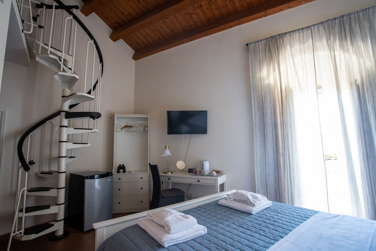 A bedroom with a bed, a desk, a chair, a TV, and a spiral staircase.