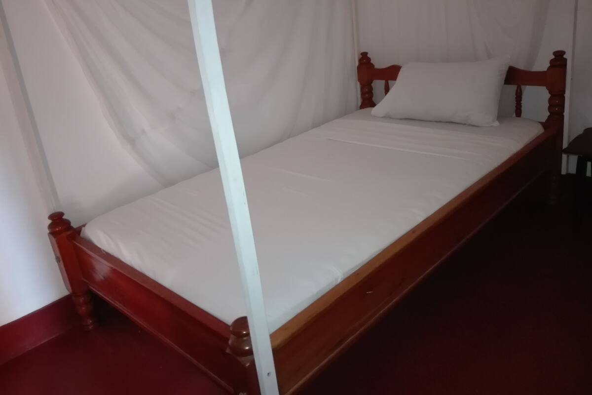 A single wooden bed with a white mattress and pillows, positioned against a white curtain backdrop.