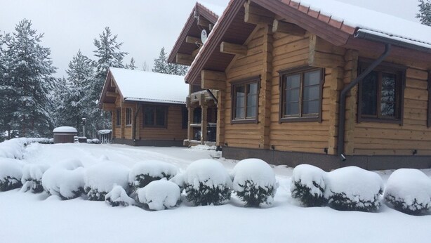 A wooden cabin with a sloped roof, surrounded by snow-covered bushes and trees. - Kalina Apartments (Savonlinna)
