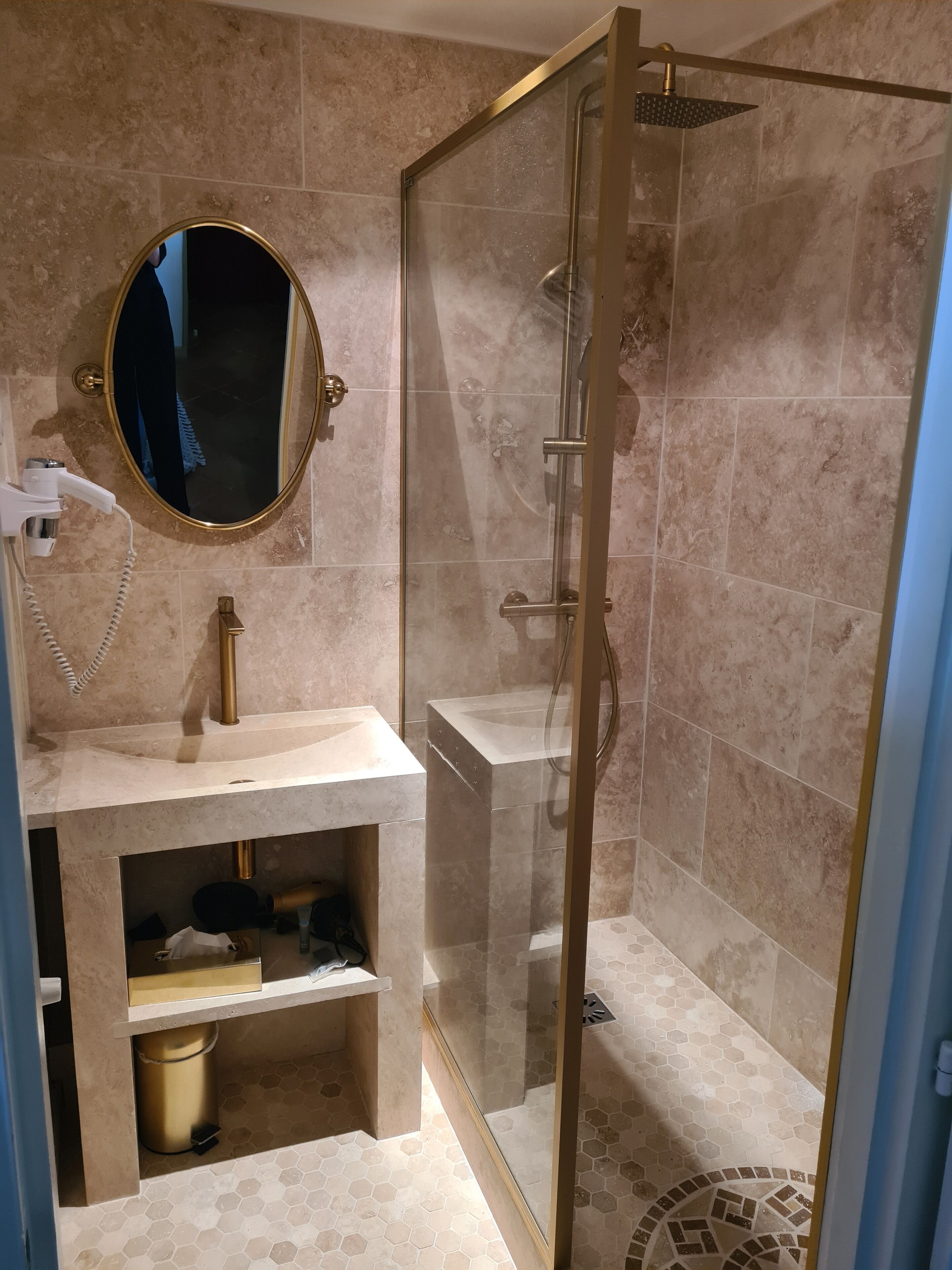 royal triple room | bathroom | shower, hair dryer, bathrobes, towels