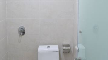 A modern bathroom with a toilet, shower, and glass-enclosed toilet stall.