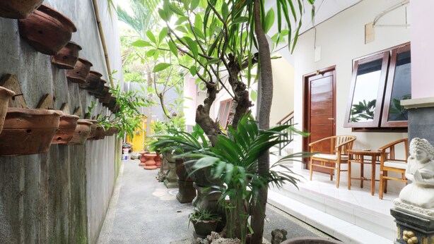 Une ruelle étroite ornée de plantes en pot, d’une statue de Bouddha et de meubles en bois.