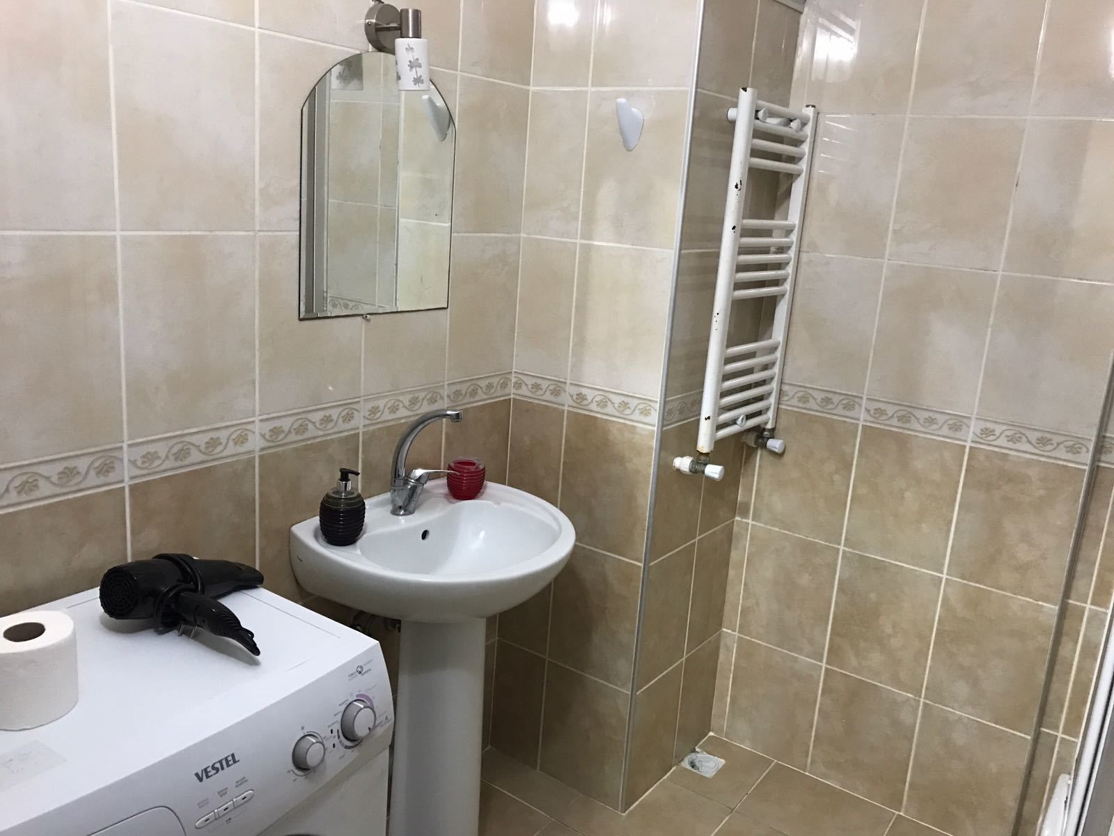 shower, rainfall showerhead, hair dryer, slippers