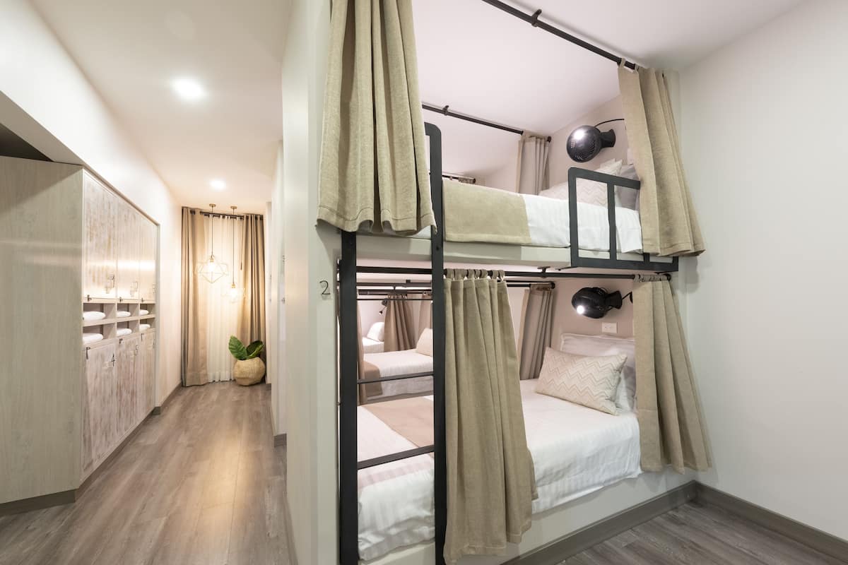 A bunk bed room with a wardrobe, a potted plant, and a ceiling light.