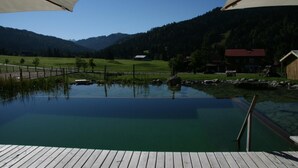 A wooden deck with a clear pool, surrounded by a fence and a mountain backdrop.