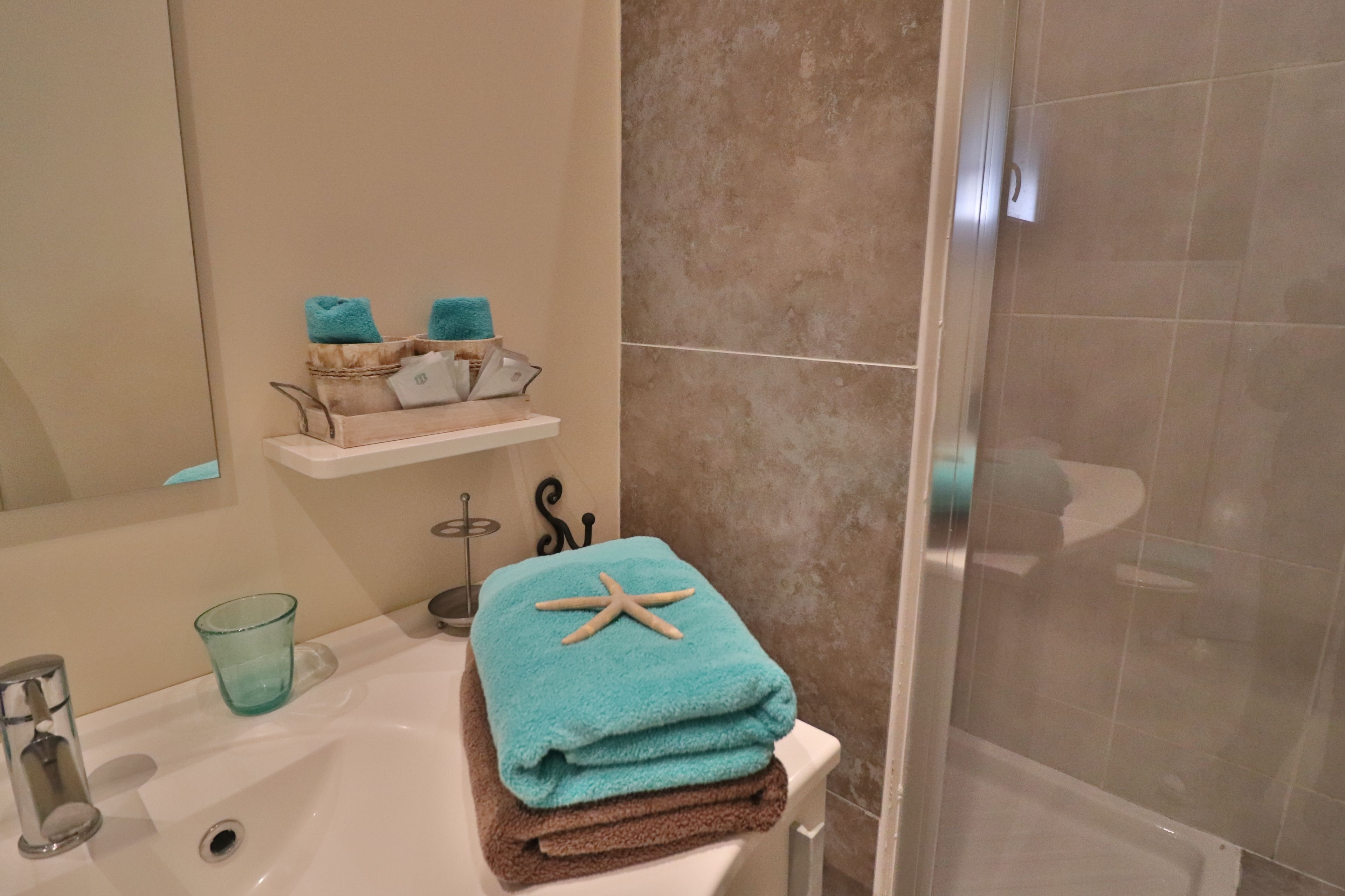 Tweepersoonskamer (Calanque) | Badkamer | Een douche, gratis toiletartikelen, een haardroger, handdoeken